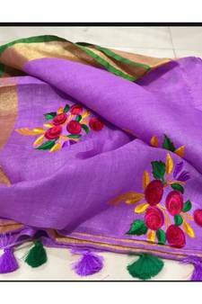 lavender Handcrafted Linen Saree with embroidery work on the saree