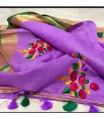 lavender Handcrafted Linen Saree with embroidery work on the saree
