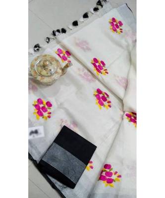 white Handcrafted Linen Saree with embroidery work on the saree 1