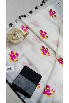 white Handcrafted Linen Saree with embroidery work on the saree