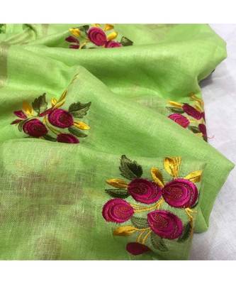 light_green Handcrafted Linen Saree with embroidery work on the saree 1