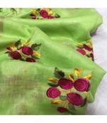 light_green Handcrafted Linen Saree with embroidery work on the saree