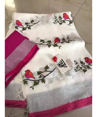 white Handcrafted Linen Saree with embroidery work on the saree 1
