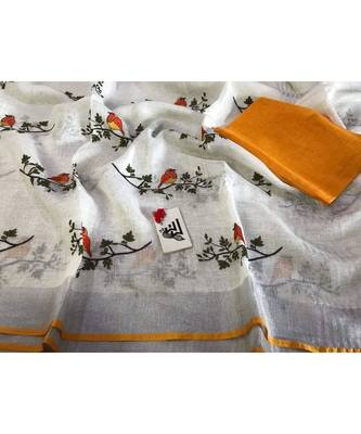 white Handcrafted Linen Saree with embroidery work on the saree 1