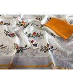 white Handcrafted Linen Saree with embroidery work on the saree