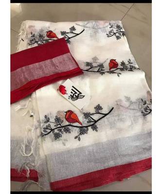 white Handcrafted Linen Saree with embroidery work on the saree 1
