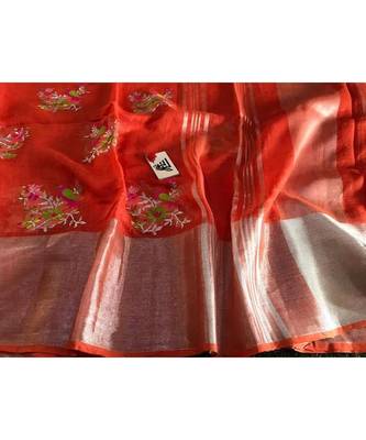 red Handcrafted Linen Saree with embroidery work on the saree 1