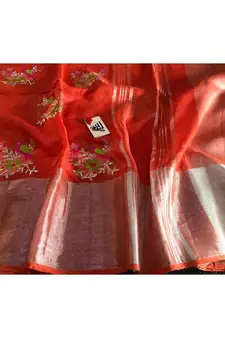 red Handcrafted Linen Saree with embroidery work on the saree