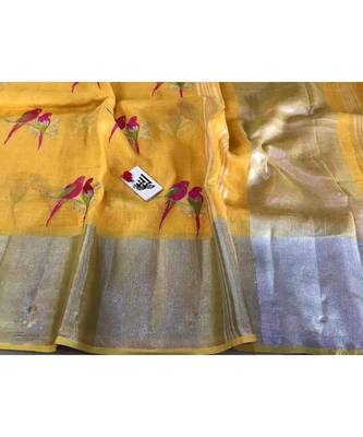 yellow Handcrafted Linen Saree with embroidery work on the saree 1