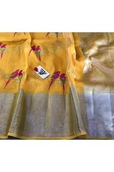 yellow Handcrafted Linen Saree with embroidery work on the saree