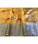 yellow Handcrafted Linen Saree with embroidery work on the saree