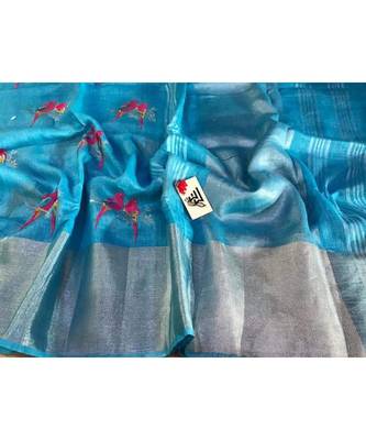 blue Handcrafted Linen Saree with embroidery work on the saree 1