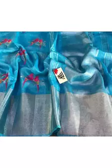 blue Handcrafted Linen Saree with embroidery work on the saree