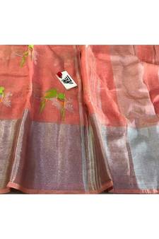 cream Handcrafted Linen Saree with embroidery work on the saree