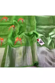 light_green Handcrafted Linen Saree with embroidery work on the saree
