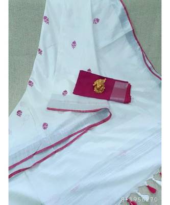 white ?Handcrafted Linen Saree with small flower embroidery work 1