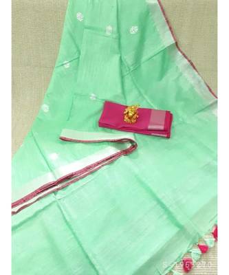 light_green Handcrafted Linen Saree with small flower embroiderywork 1