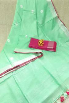 light_green Handcrafted Linen Saree with small flower embroiderywork