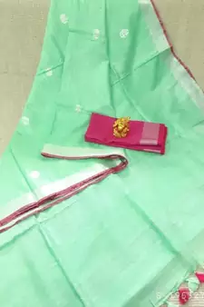 light_green Handcrafted Linen Saree with small flower embroiderywork