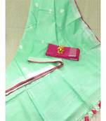 light_green Handcrafted Linen Saree with small flower embroiderywork