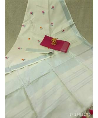 white Handcrafted Linen Saree with small flower embroidery work 1
