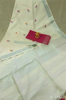 white Handcrafted Linen Saree with small flower embroidery work