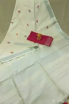 white Handcrafted Linen Saree with small flower embroidery work