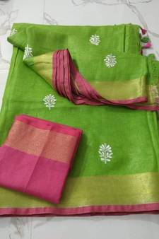 green Handcrafted Linen Saree with small flower embroidery work