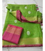 green Handcrafted Linen Saree with small flower embroidery work
