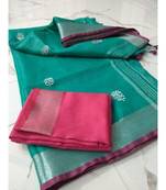 blue Handcrafted Linen Saree with small flower embroidery work