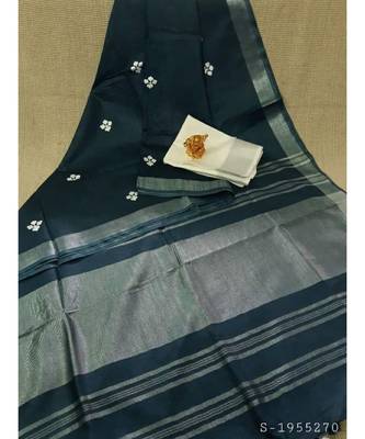 black Handcrafted Linen Saree with small flower embroidery work 1