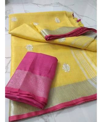 yellow Handcrafted Linen Saree with small flower embroidery work 1