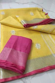 yellow Handcrafted Linen Saree with small flower embroidery work