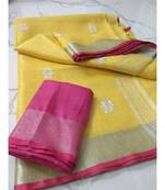 yellow Handcrafted Linen Saree with small flower embroidery work