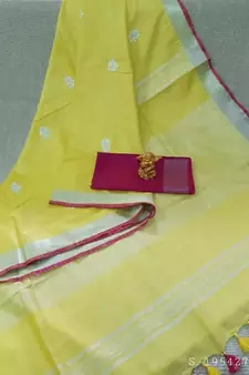 yellow Handcrafted Linen Saree with small flower embroidery work