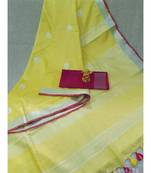 yellow Handcrafted Linen Saree with small flower embroidery work