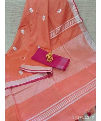 cream Handcrafted Linen Saree with small flower embroidery work 1