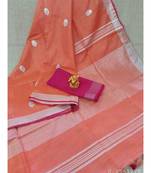 cream Handcrafted Linen Saree with small flower embroidery work