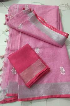 pink Handcrafted Linen Saree with small flower embroidery work