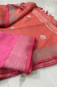 multicolor Handcrafted Linen Saree with small flower embroidery work