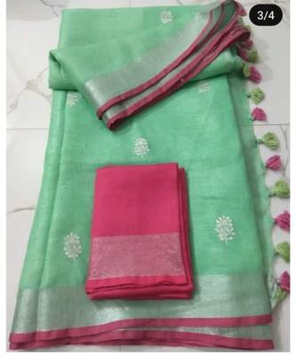 green Handcrafted Linen Saree with small flower embroidery work 1