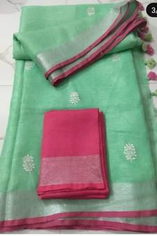 green Handcrafted Linen Saree with small flower embroidery work