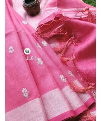 pink Handcrafted Linen Saree with small flower embroidery work 1