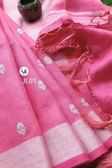 pink Handcrafted Linen Saree with small flower embroidery work