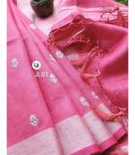 pink Handcrafted Linen Saree with small flower embroidery work