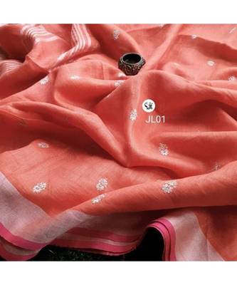 orange Handcrafted Linen Saree with small flower embroidery work 1