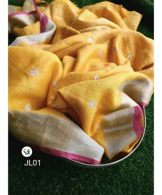 yellow Handcrafted Linen Saree with small flower embroidery work 1