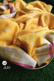 yellow Handcrafted Linen Saree with small flower embroidery work