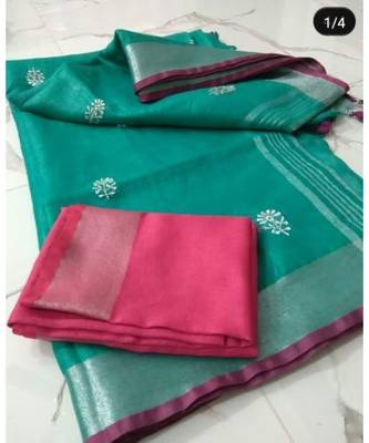 green Handcrafted Linen Saree with small flower embroidery work 1