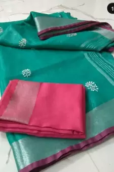 green Handcrafted Linen Saree with small flower embroidery work